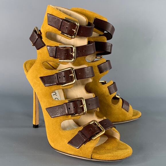 JIMMY CHOO Size 4.5 Yellow Brown Suede Buckle Stiletto Cage Boots - Picture 1 of 10